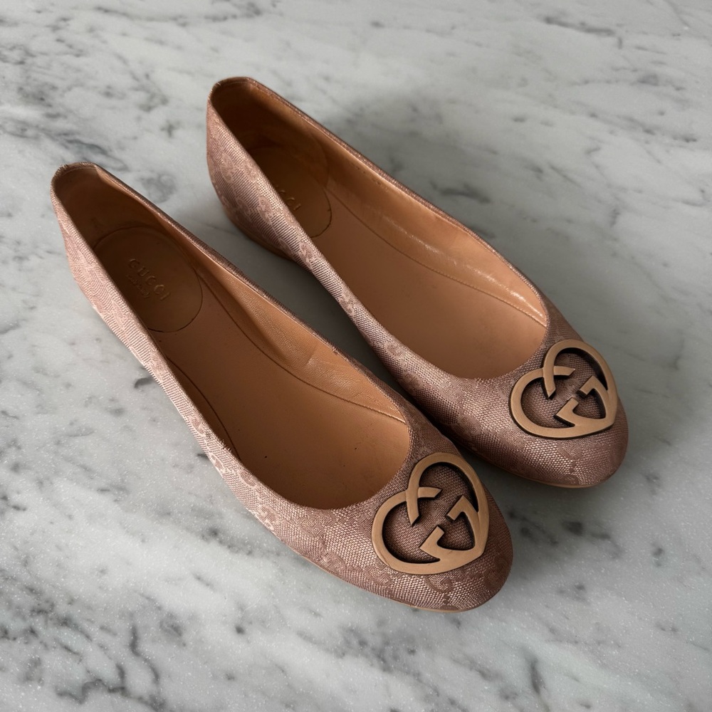 Gucci Women’s Ballet Flat Guccissima Pink Heart Monogram Satin Canvas GG 39US